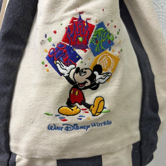 Disney World Mickey Mouse Embroidered Drawstring Backpack Bag Striped Canvas - Picture 2 of 5